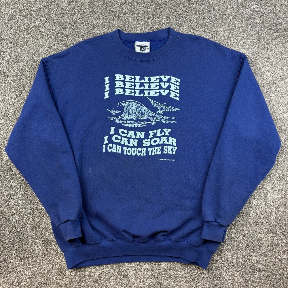 Vintage Jesus Sweatshirt Men XL Blue Crewneck I Believe I Can Fly Soar Touch Sky